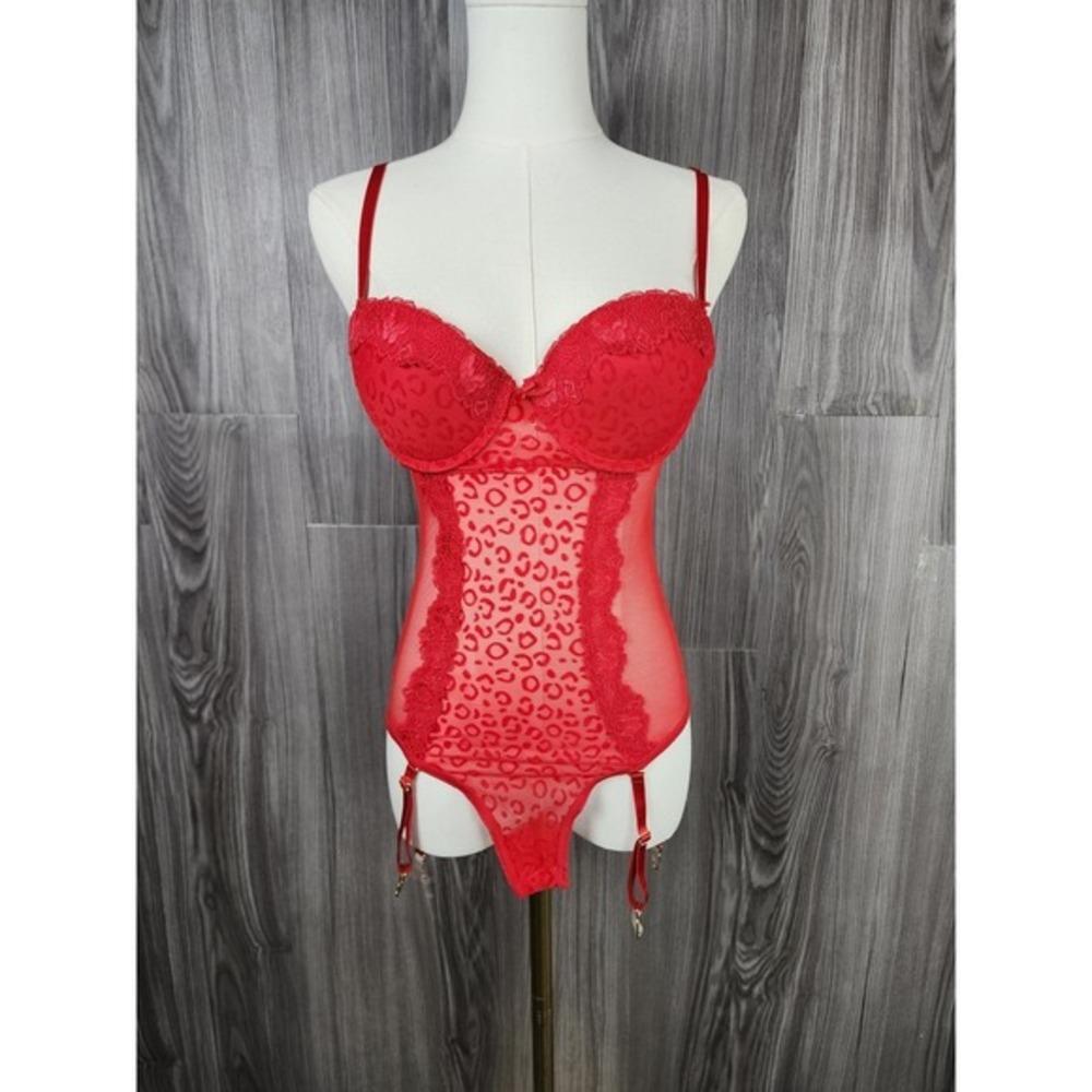 Seductive Sexy Red Lace Leopard‎ Print Bodysuit With Suspenders Size Medium